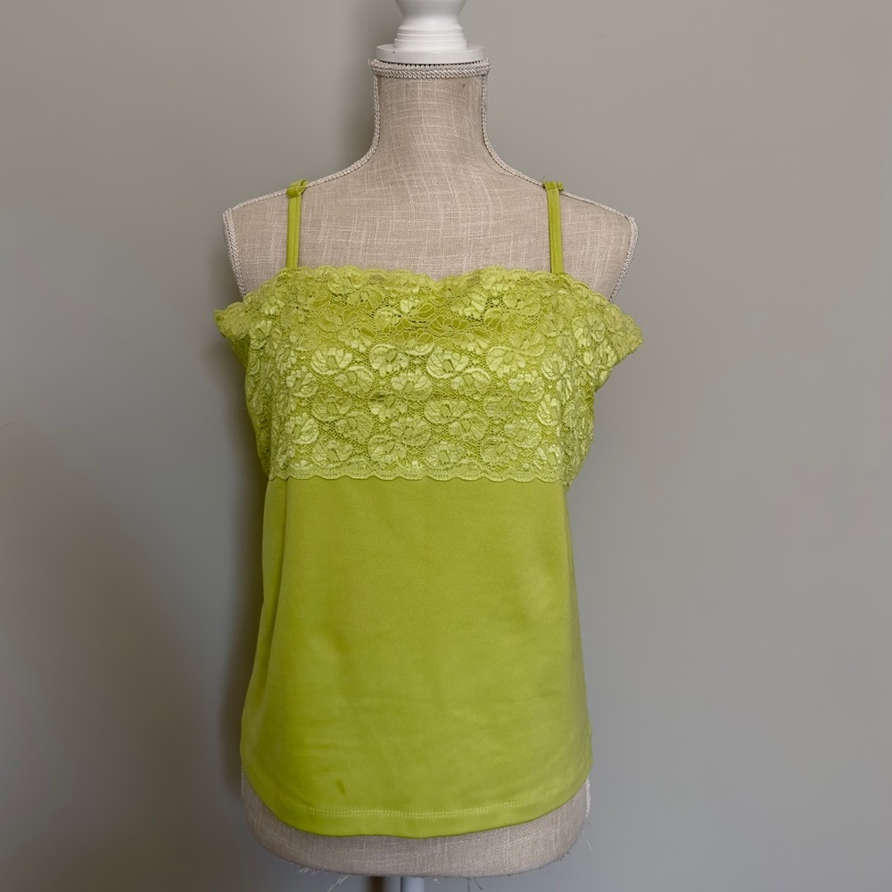 Vintage Forenza Green Tank Top with Lace Trim 90s / Y2K Size L